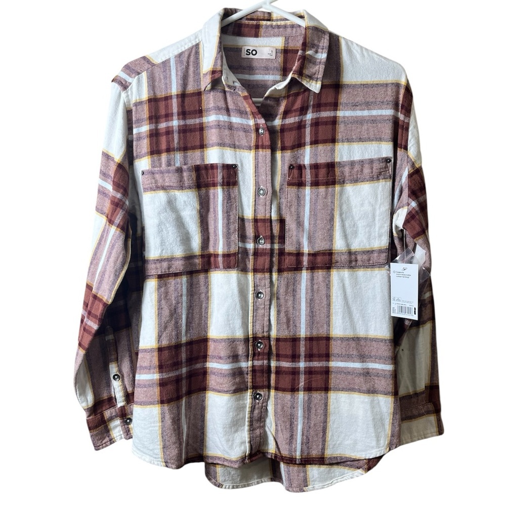 NWT‎ SO Oversized Cotton Casual Comfy Button Down Plaid Shirt Size Small Western
